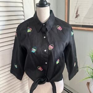 Richard Malcolm Top *Medium Black Embroidered Irish Linen Tie Front Dainty